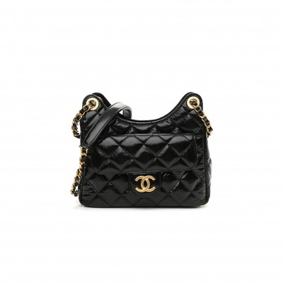 CHANEL SHINY CRUMPLED CALFSKIN QUILTED SMALL HOBO BLACK (18*15*6cm)