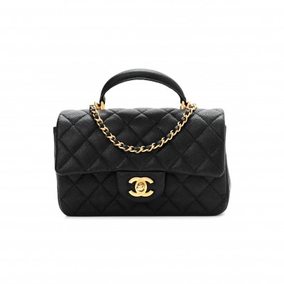 CHANEL CAVIAR QUILTED MINI TOP HANDLE RECTANGULAR FLAP BLACK GOLD HARDWARE (20*12*7cm)